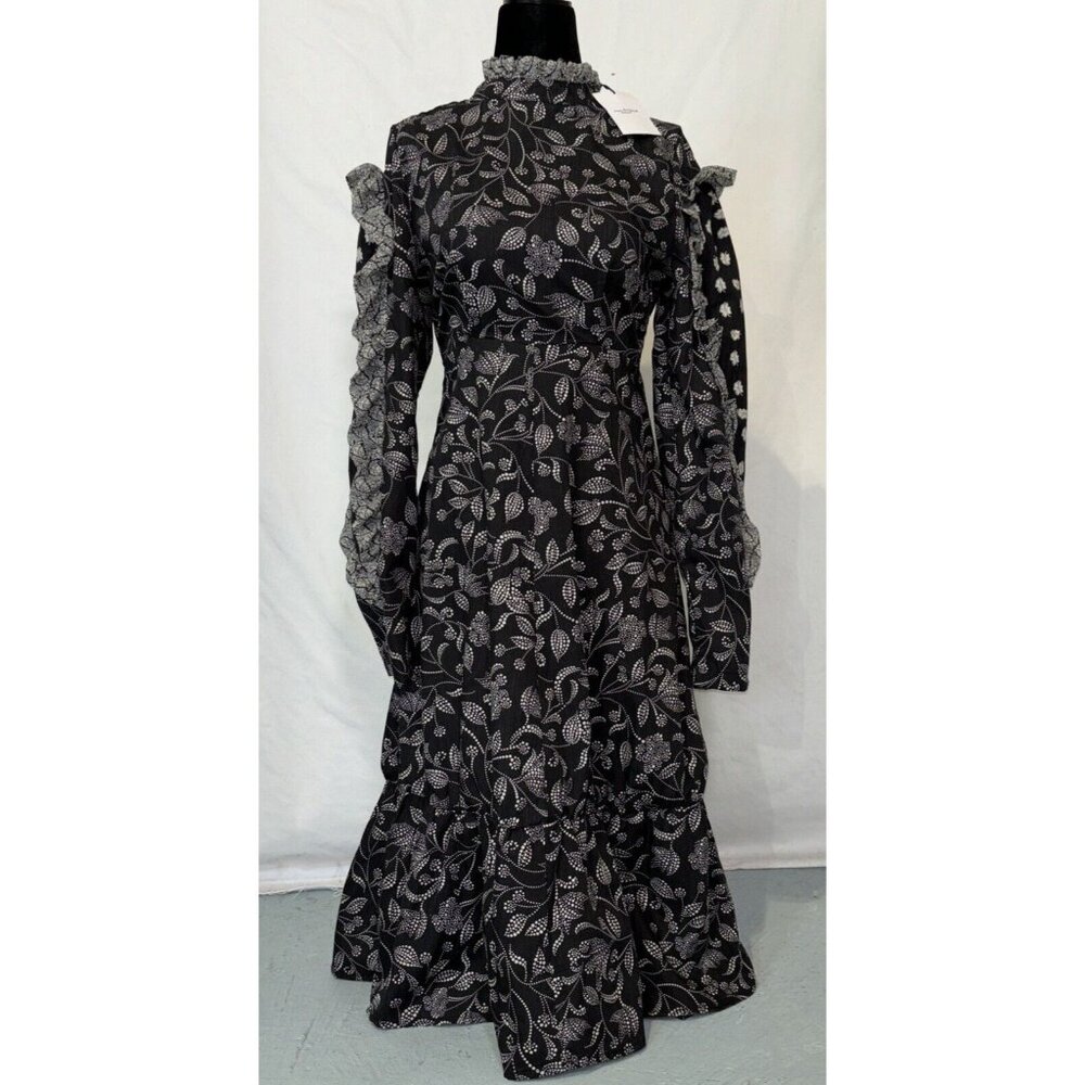 NWT Isabel Marant Etoile Black White Floral Dress Ruffles  Zip Long Sleeve Sz 36 - Picture 3 of 16